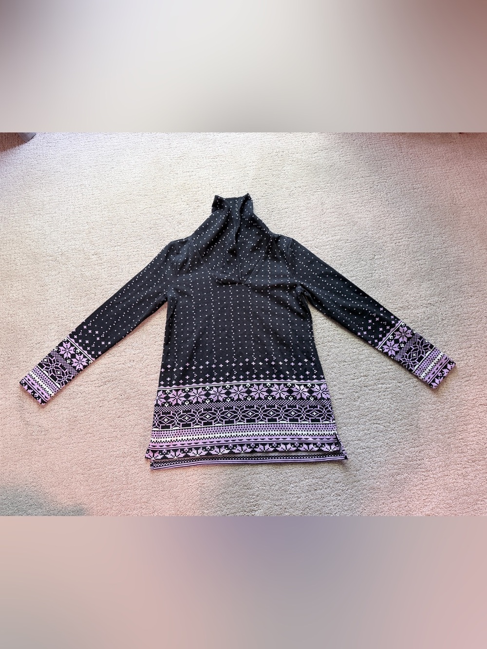 Talbots Black Hoodie Sweater with Lavender Fair Isle Hem